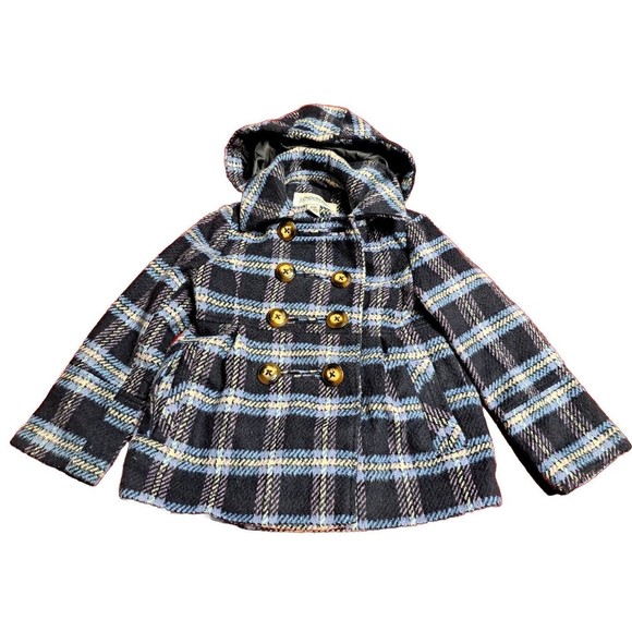 London Fog Jacket Girls 6 6X Hooded Blue Plaid Lined Double Breasted Button Coat